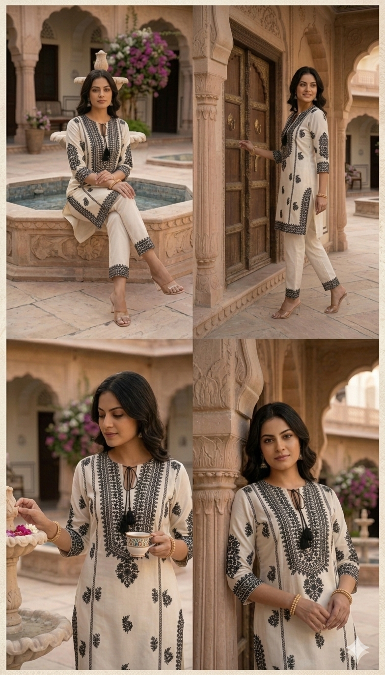Beautiful Off White And Black Cotton Embroidered Co Ord Set
