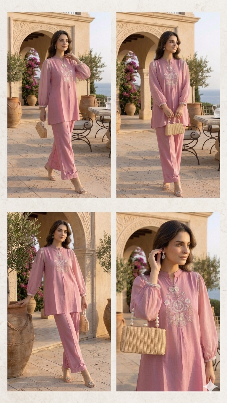 Pretty Pink Embriodered chiffon sleeves Co Ord Set