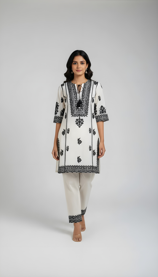 Beautiful Off White And Black Cotton Embroidered  Co Ord Set