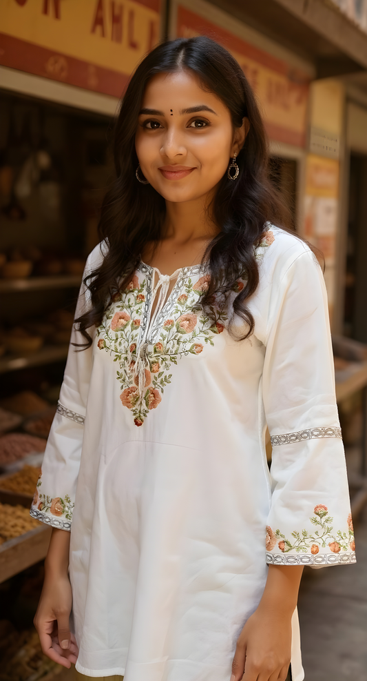 Beautiful White Embroidered Short Kurti