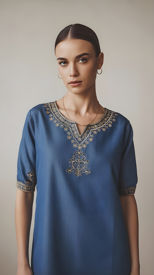 Blue Denim Embroidered Short Kurti