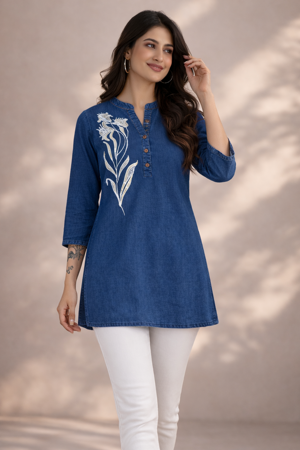 Blue Denim Patch Work Short Kurti