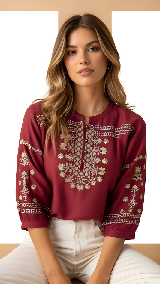 Mehroon Viscose Embroidered short Kurti