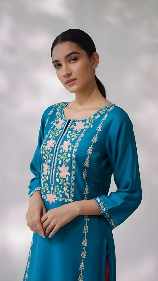 Viscose Soft Embroidered Blue Short Kurti