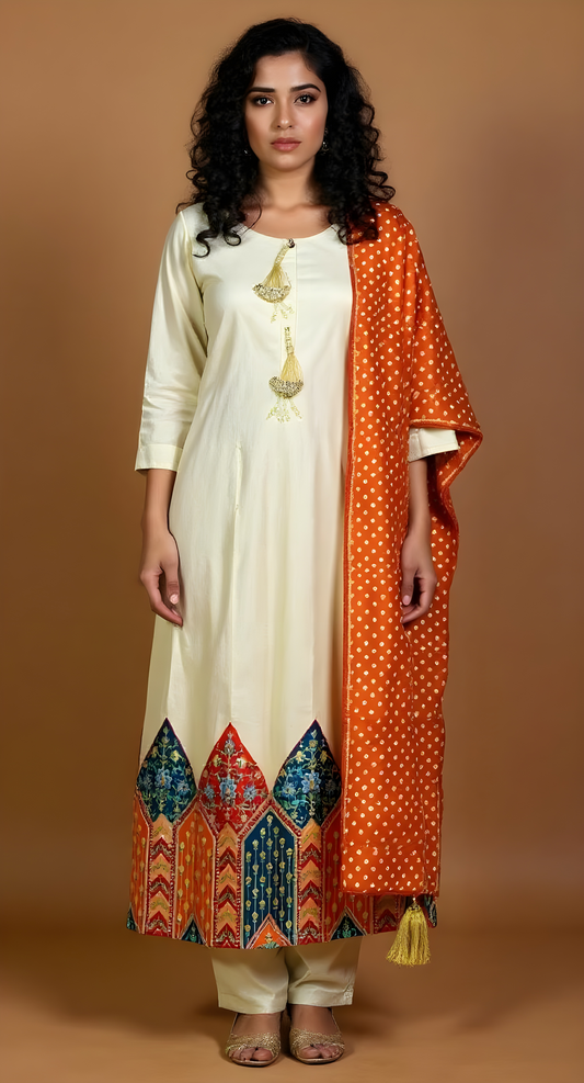 Classy Beige With Broad Border Kurta Set