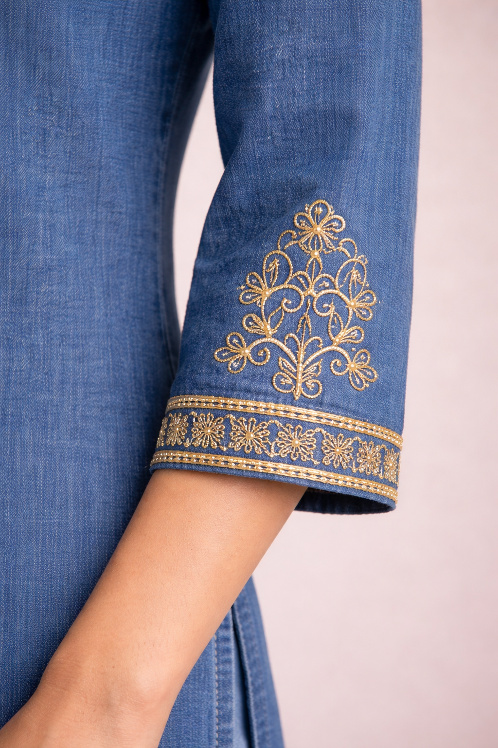 Blue Denim Embroidered Short Kurti