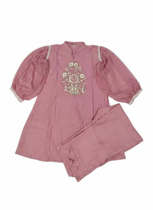Pretty Pink Embriodered chiffon sleeves Co Ord Set