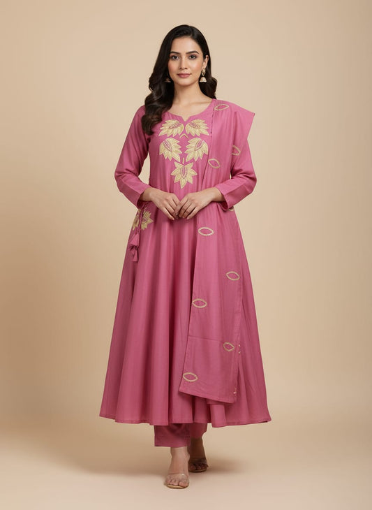Pritty Pink Roman Silk A-Line Kurta Set