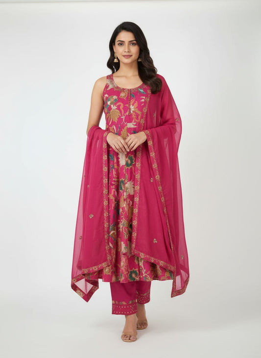 Sleevless Fuchia Pink Anarkali Kurta Set