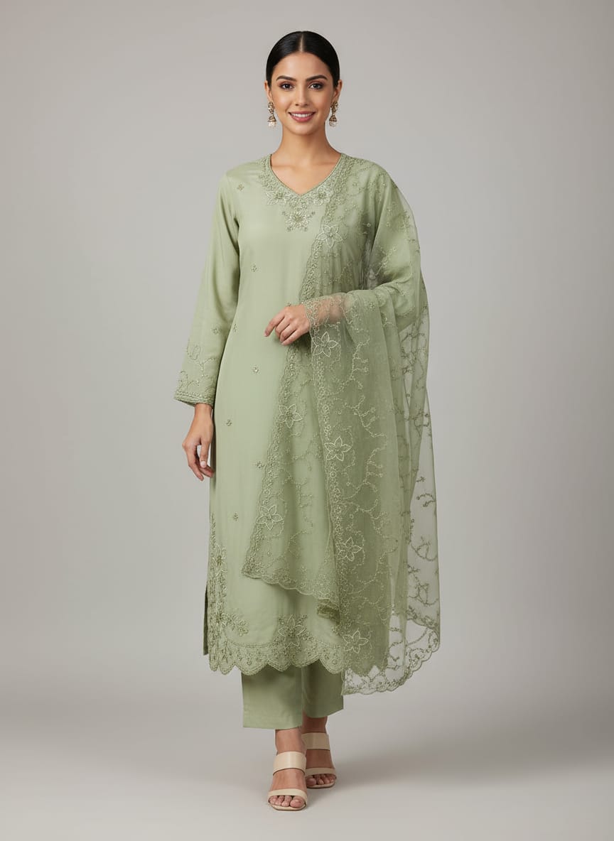 Beautiful Light Green Cut Work Kurta Set