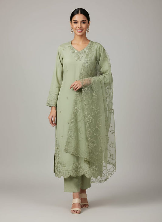 Beautiful Light Green Cut Work Kurta Set