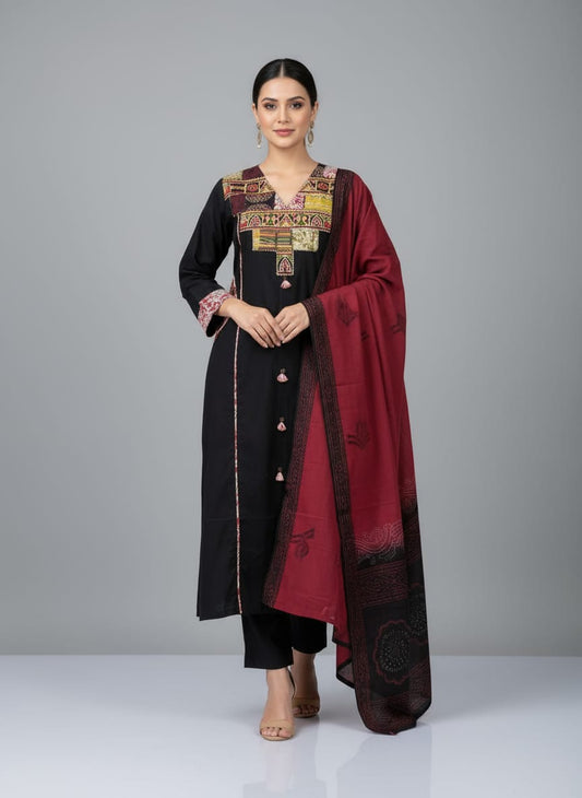 Stunning Black with Ajrakh printed Pure Cotton Detailing Kurta Set