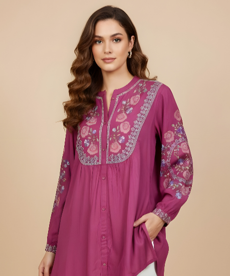 Beautiful Fuchsia Pink Embroidered Short Kurti