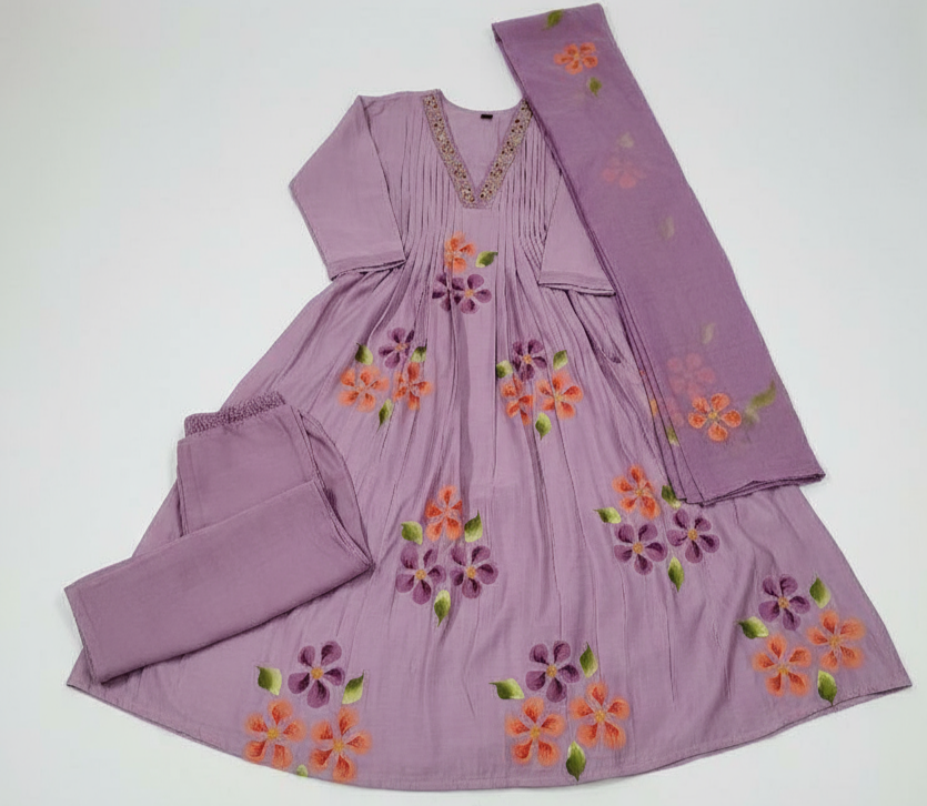 Lovely Lilac A-Line Roman Silk Hand Painted Kurta Set