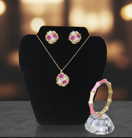 Pink Floral Pendent with Enamel Coated Bracelet