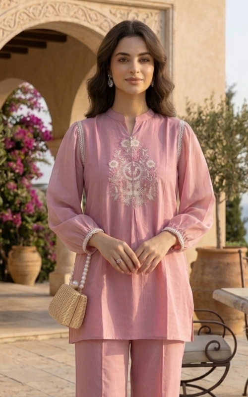 Pretty Pink Embriodered chiffon sleeves Co Ord Set