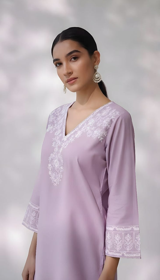 Lovely Lavender Embriodered Vscose Short Kurti