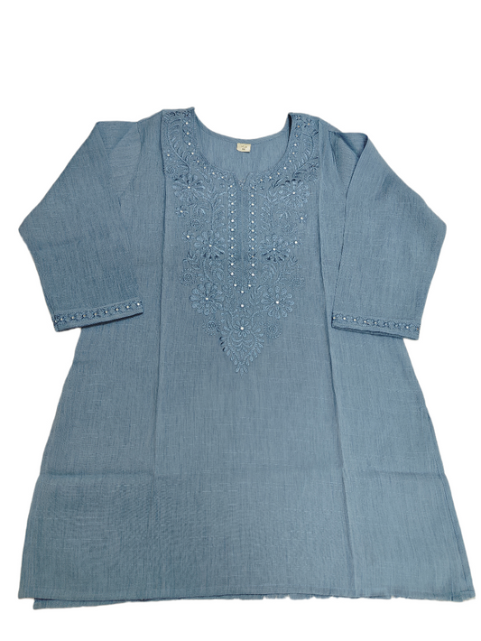 Linen Embroidered Powder Blue Short Kurti