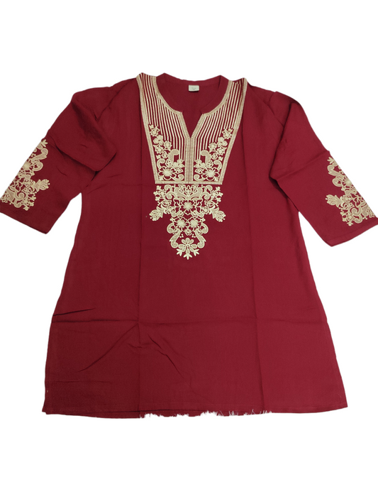 Linen Embroidered Mehroon Short Kurti