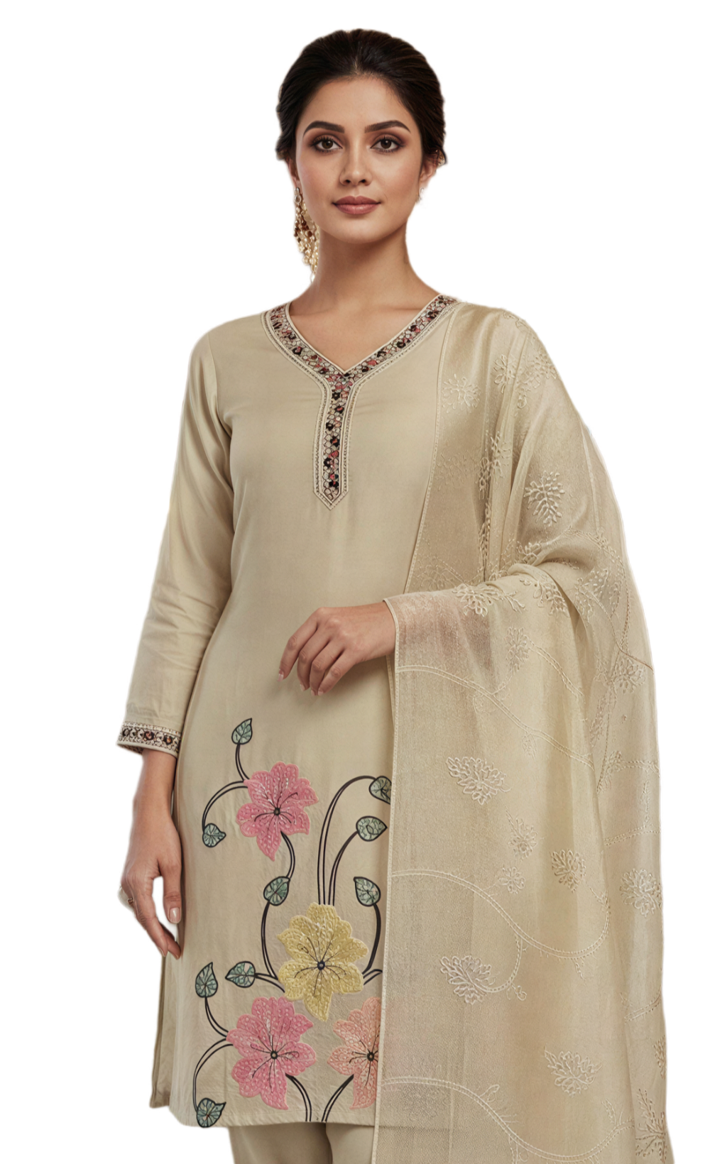Beautiful Beige Cotton Embroidered Kurta Set