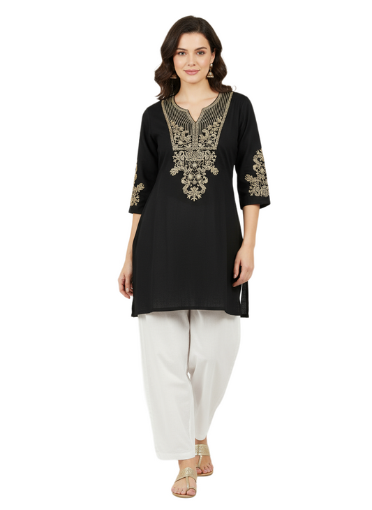 Linen Embroidered Black Short Kurti