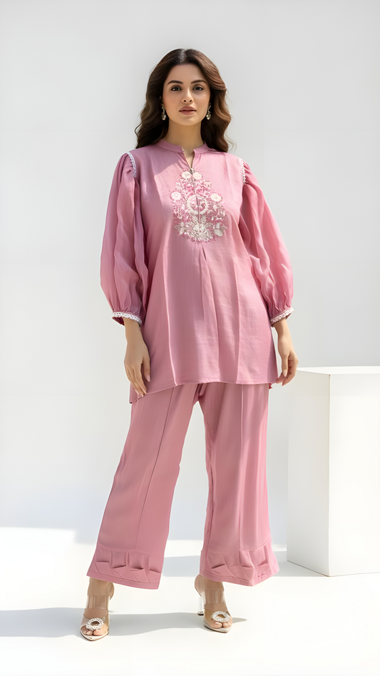 Pretty Pink Embriodered chiffon sleeves Co Ord Set