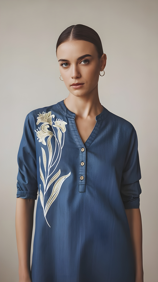 Blue Denim Patch Work Short Kurti