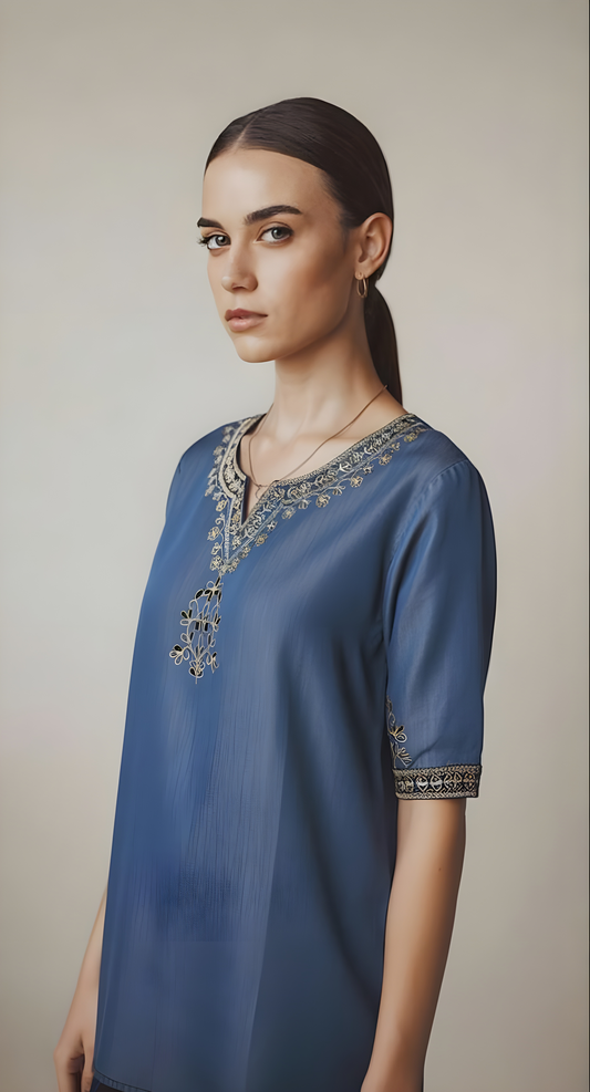 Blue Denim Embroidered Short Kurti