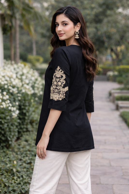 Linen Embroidered Black Short Kurti
