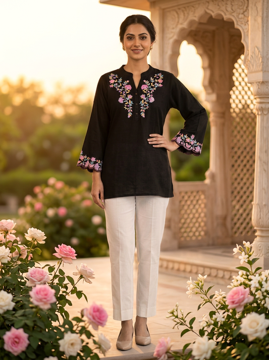 Linen Embroidered Black Kurti