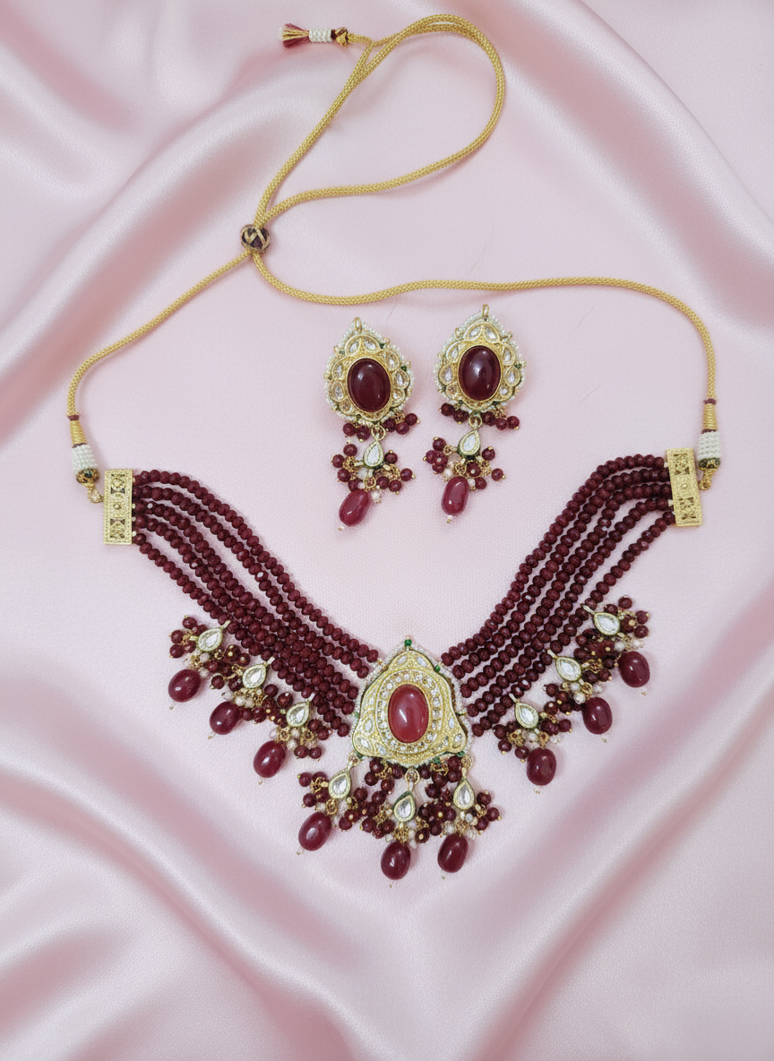 Marvelous Mehroon Moissanite Stone Jewellery Set