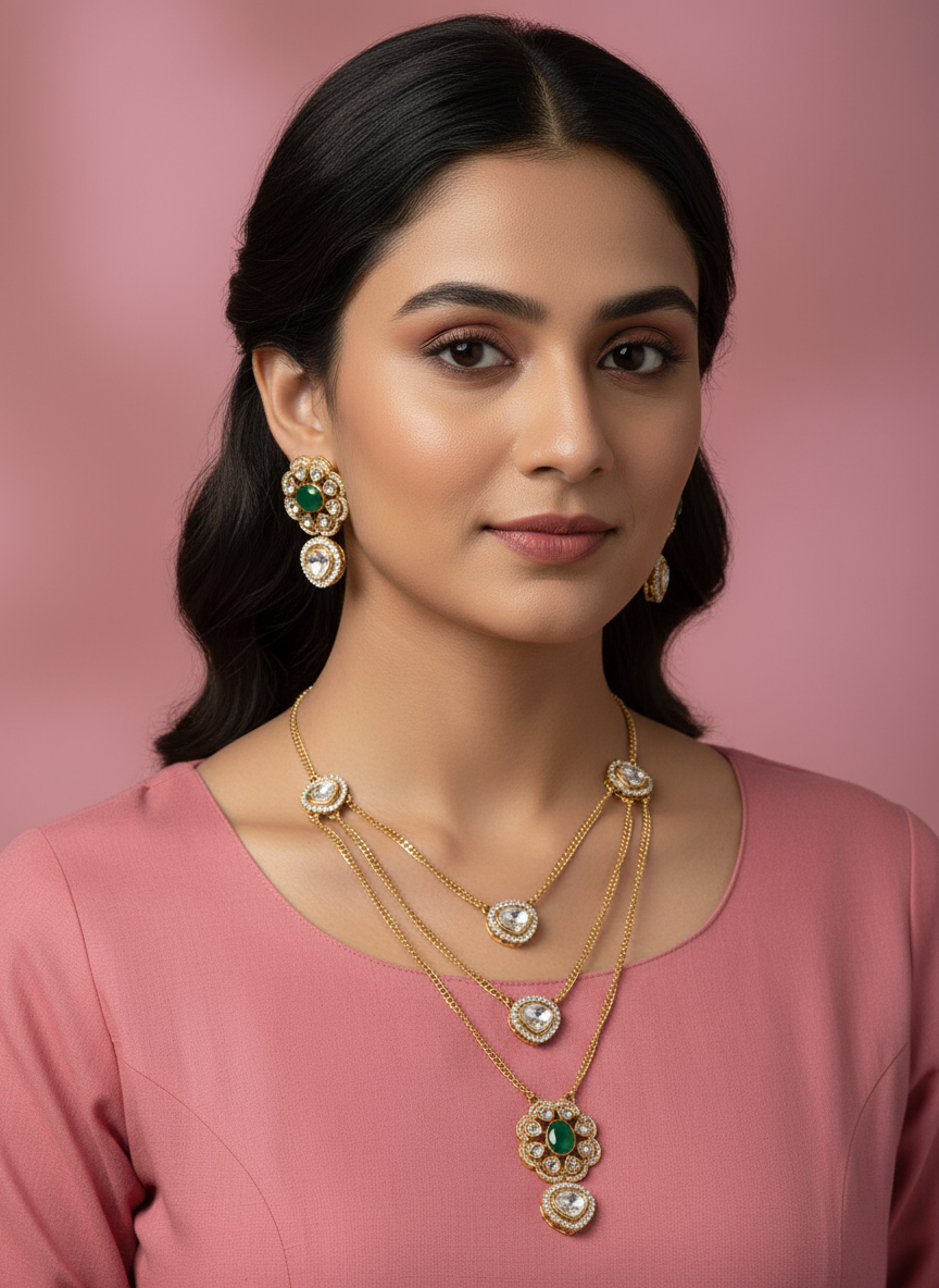 Beautiful Polki Three Layer Jewellery Set (Green)