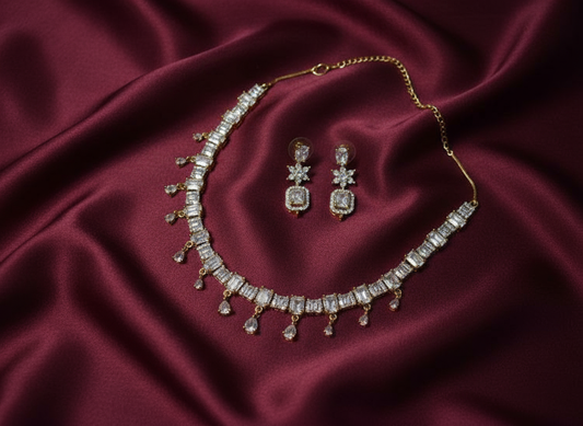 Antique Polish Square Shape AD Jewellery Set (White)