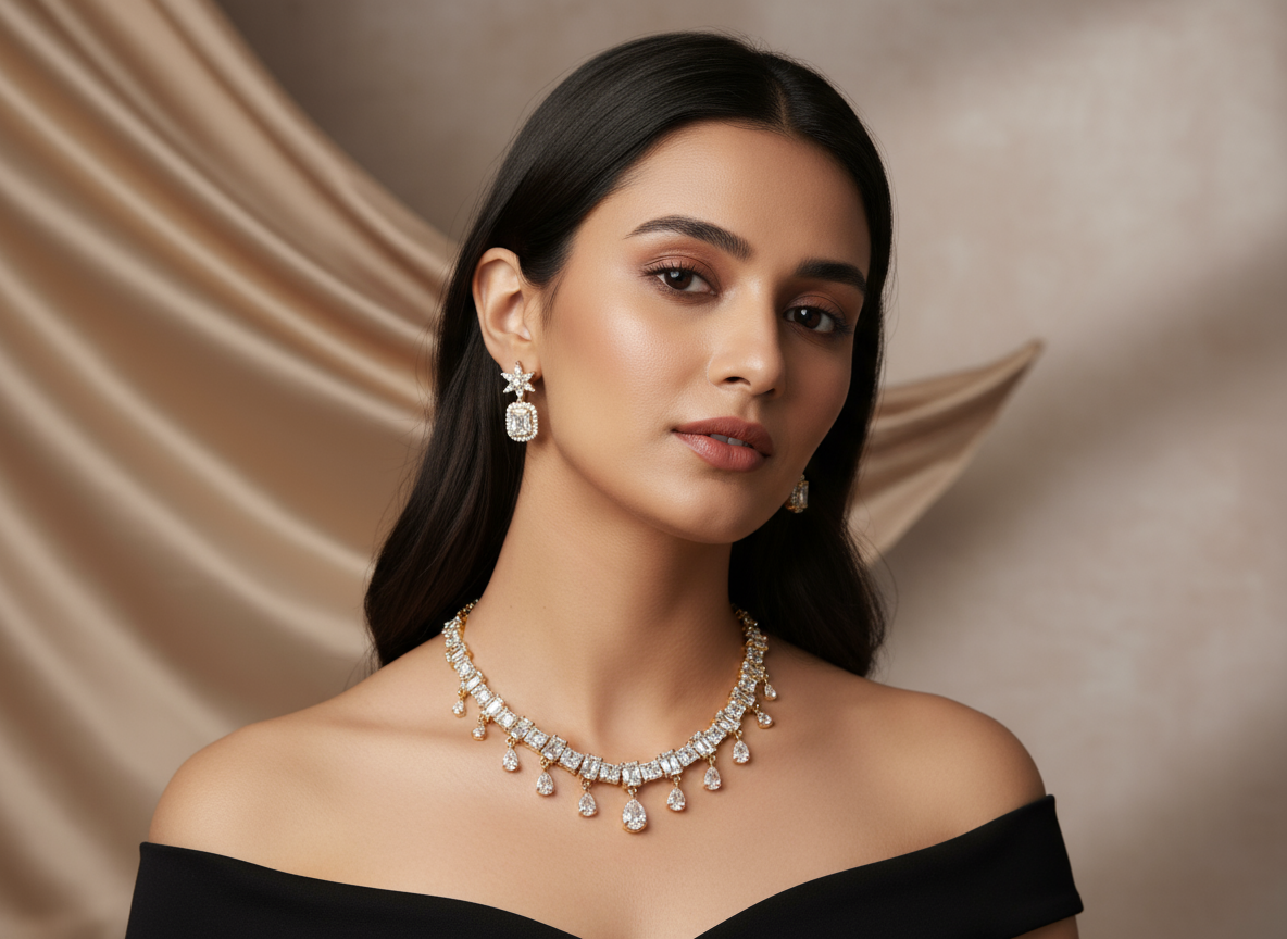 Antique Polish Square Shape AD Jewellery Set (White)
