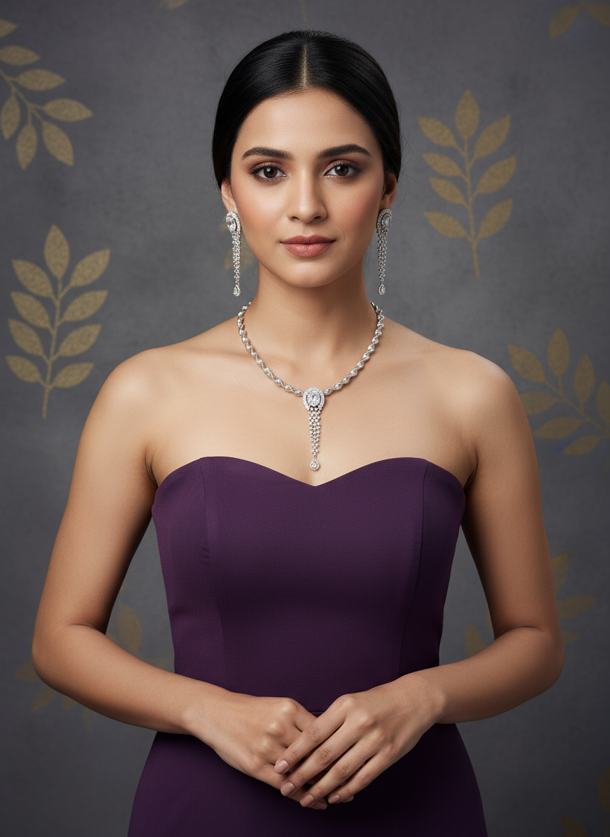 Stunning Silver American Diamond Hasli Set
