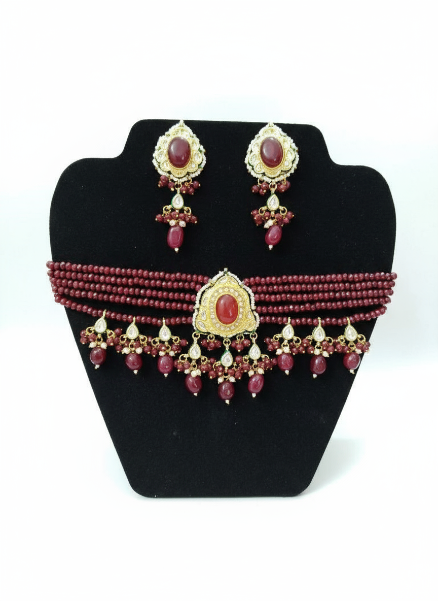 Marvelous Mehroon Moissanite Stone Jewellery Set