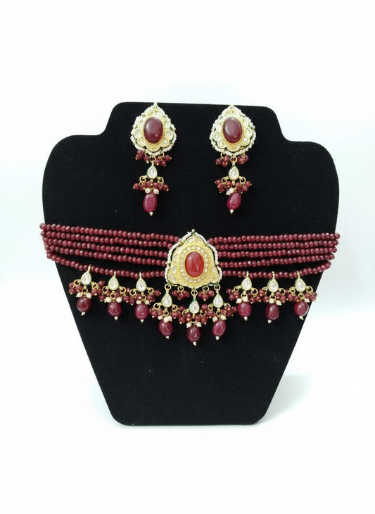 Marvelous Mehroon Moissanite Stone Jewellery Set