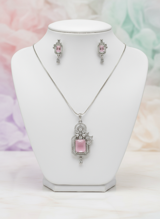 Pastel Pink Silver AD Pendent Set