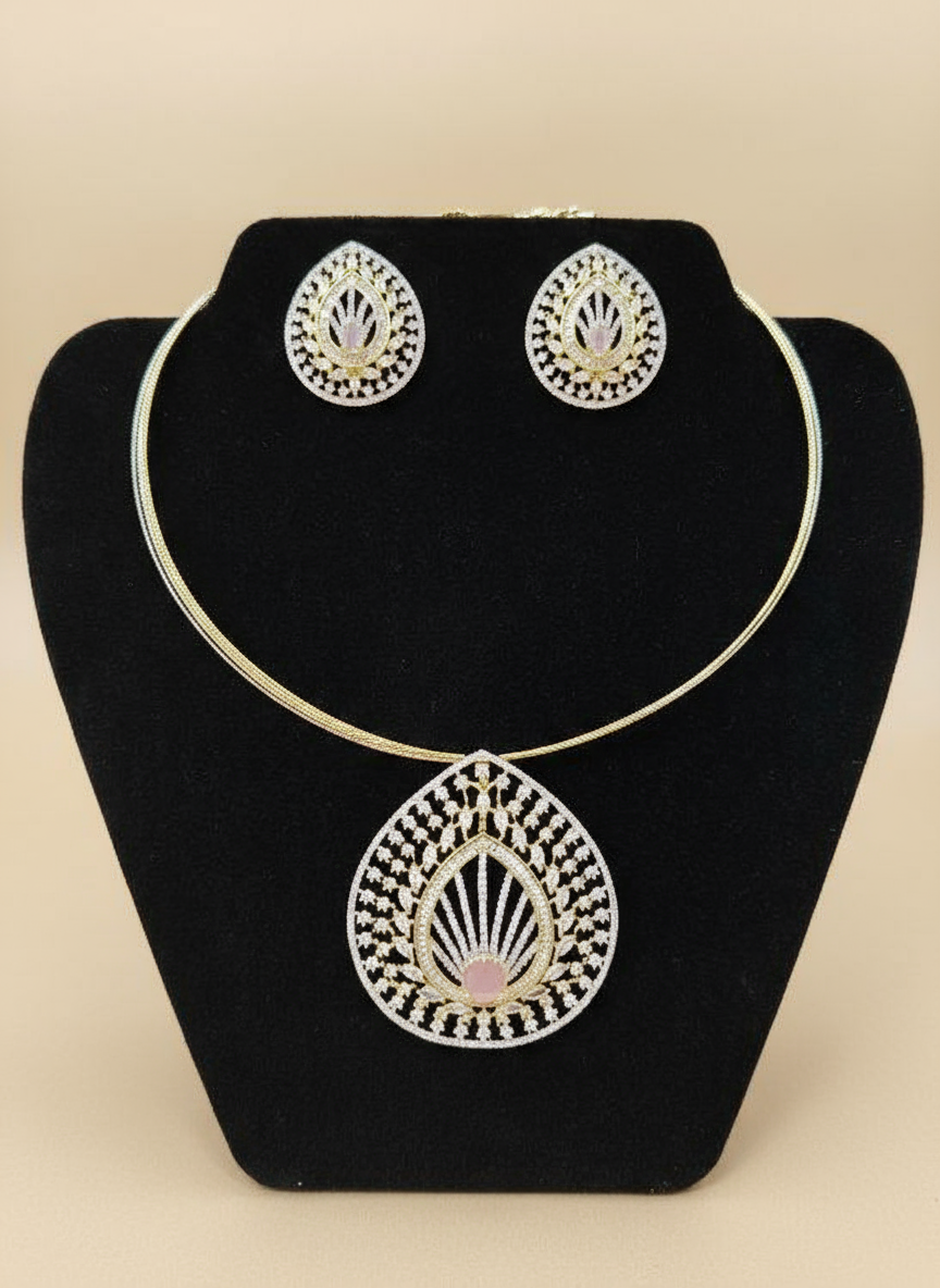 Pink Stone Geometric Gold Diamond  Jewellery Set