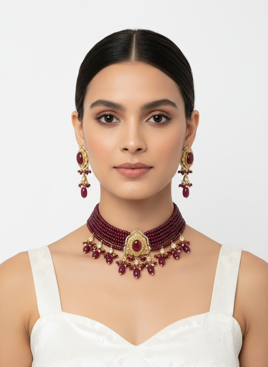 Marvelous Mehroon Moissanite Stone Jewellery Set