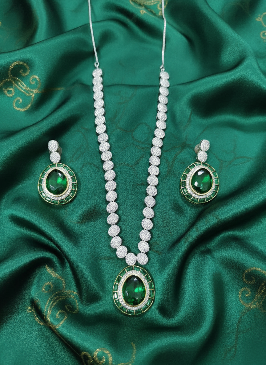Beautiful AD With Green Statement Stone Jewellery Set