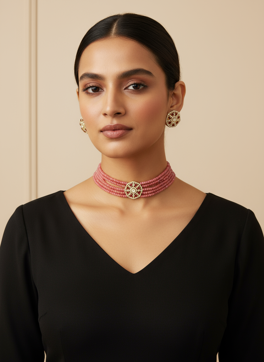 Pretty Pink Moisanite Stone Choker With Studs