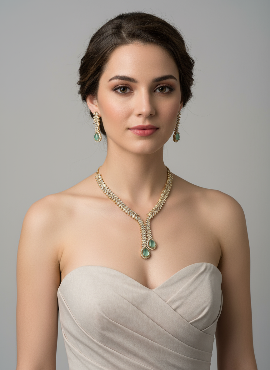 Elegent Antique polish AD Jewellery Set (Pastel Green)