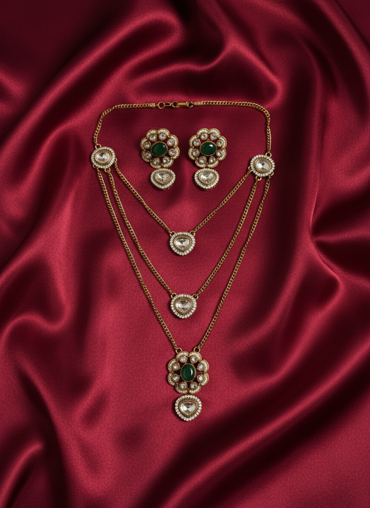Beautiful Polki Three Layer Jewellery Set (Green)