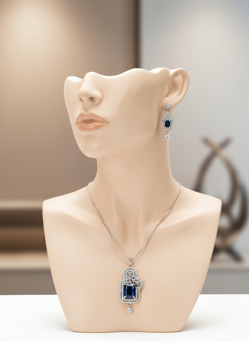BEautiful Blue Silver AD Pendent Set