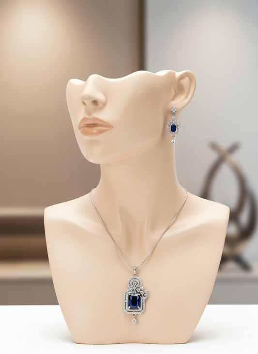 BEautiful Blue Silver AD Pendent Set