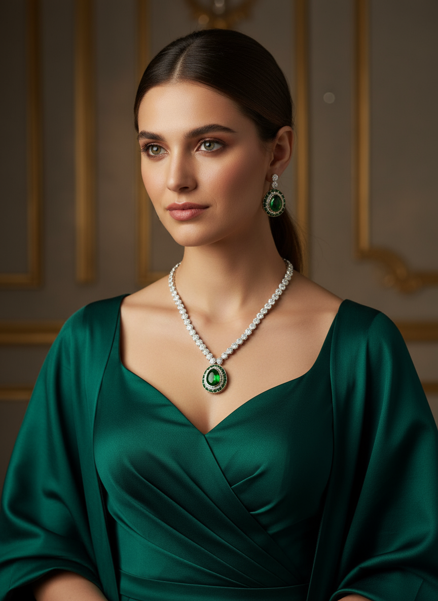Beautiful AD With Green Statement Stone Jewellery Set