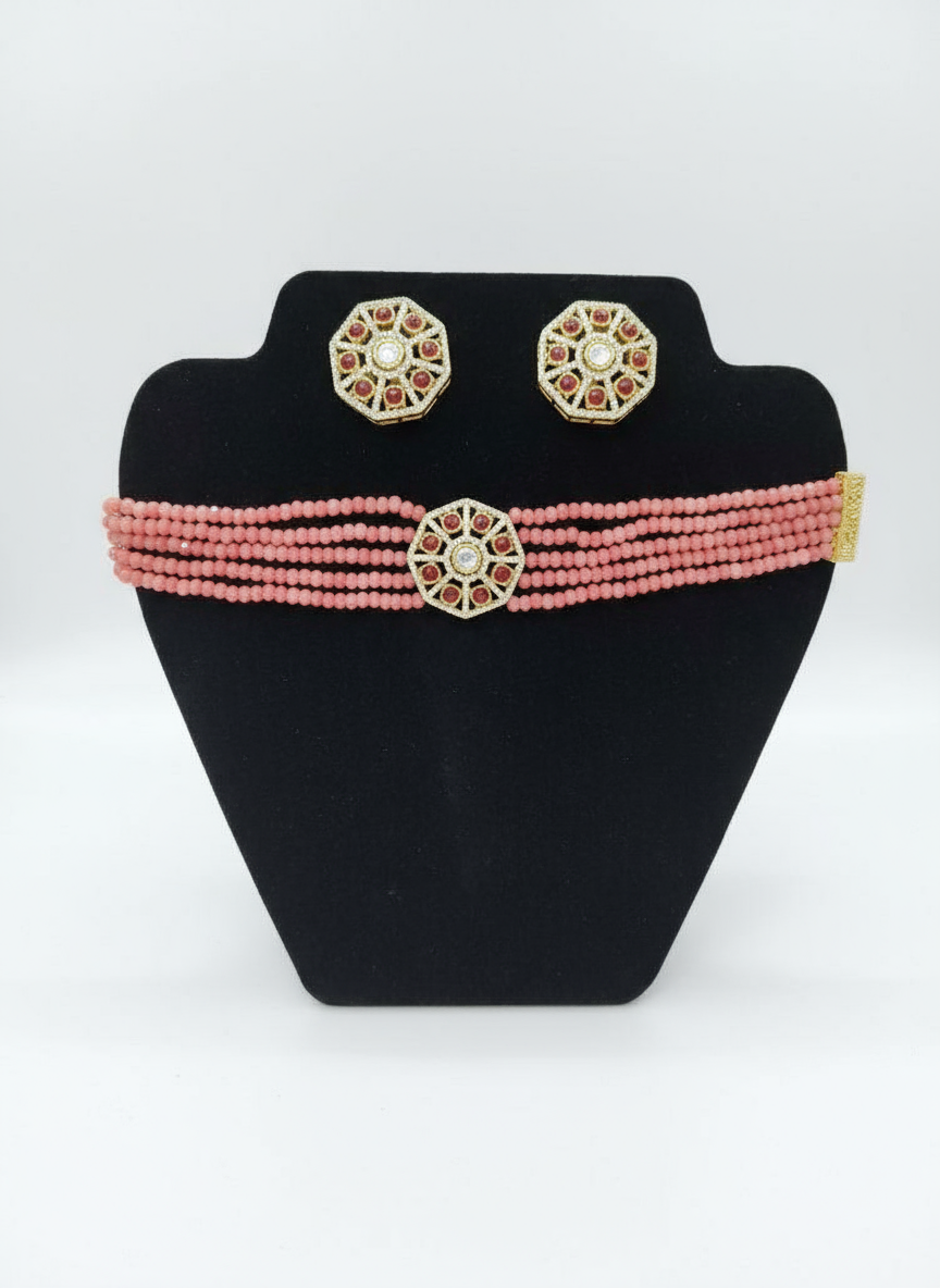 Pretty Pink Moisanite Stone Choker With Studs