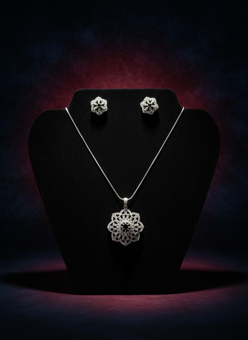 Beautiful Floral Silver AD Pendent Set