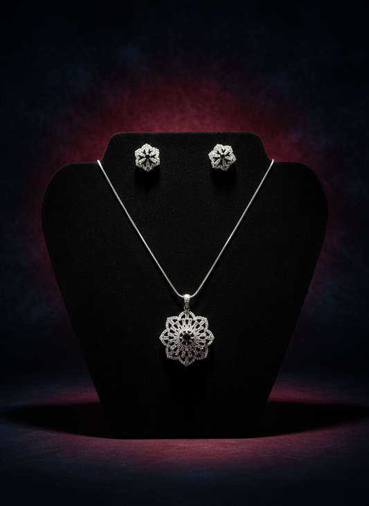 Beautiful Floral Silver AD Pendent Set